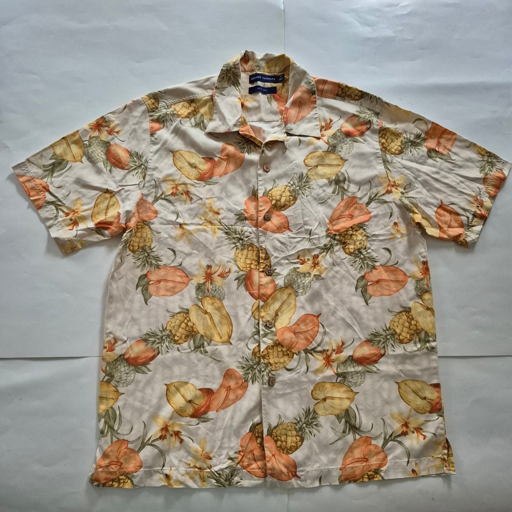 Grant Thomas Mens Pure Silk Pineapple Tropical Floral Camp Shirt Tan Orange M